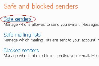 Click on Safe Senders in Hotmail to Whitelist Investment U
